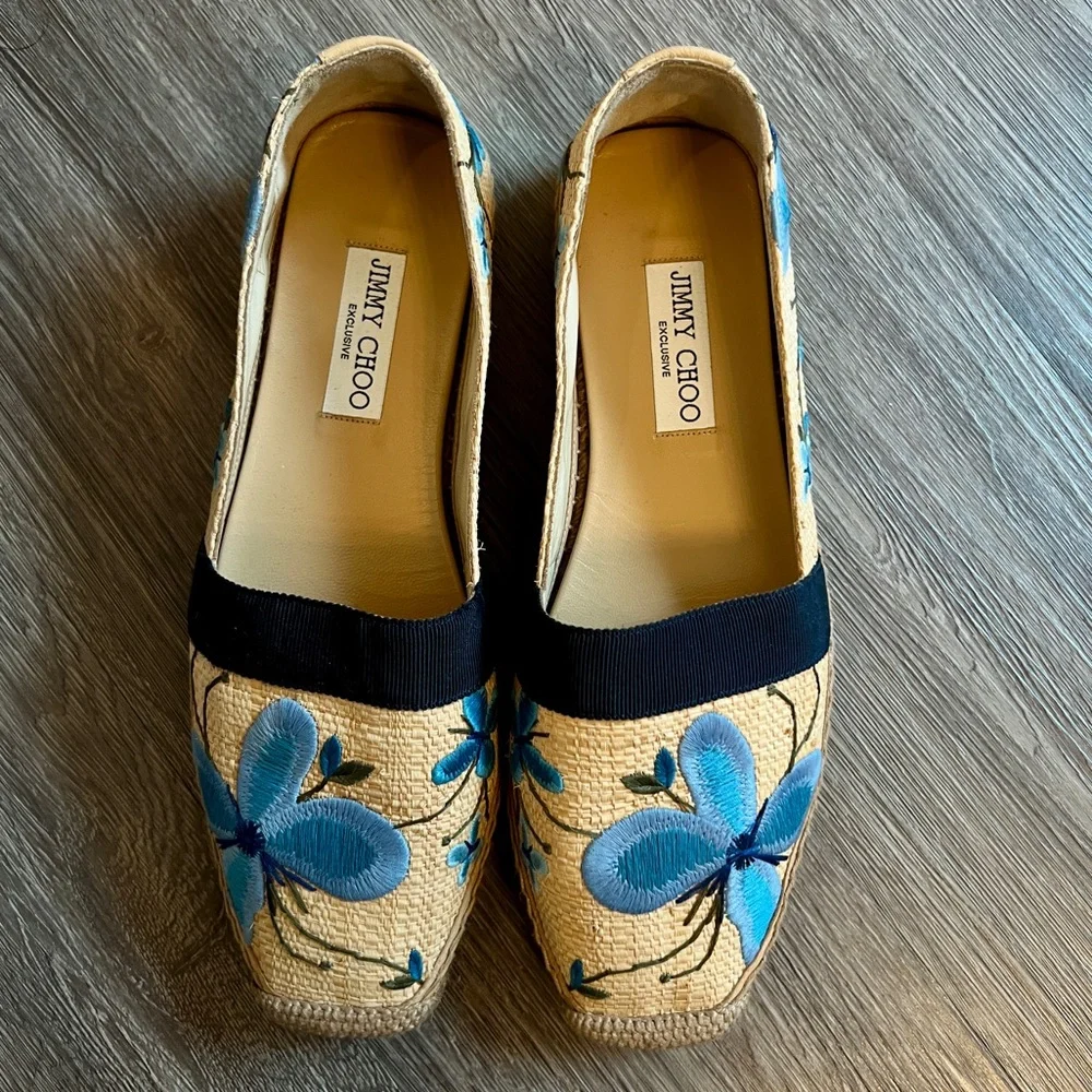 NWOB $345 Jimmy Choo Floral Espadrille Flats Blue Butterfly Espadrilles Shoes